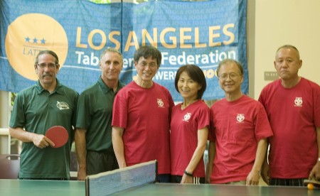 Left side South Bay Eagles Steve Sakurada, Paul Limburg and Golden Ninjas Warren Hoo, Midori Pesyna, Fred Liao and Steven Noh