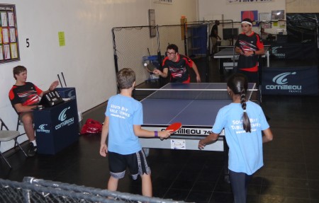 Doubles warm up: Henry Roland (ref), Alexander Kuzmenko, Ben Brandt, Sarayu Kocharlakota, Adam Schoenfeld