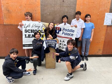 Lions from Le Lycee Francais de L.A. with their Newgy Robot from Paddle Palace.